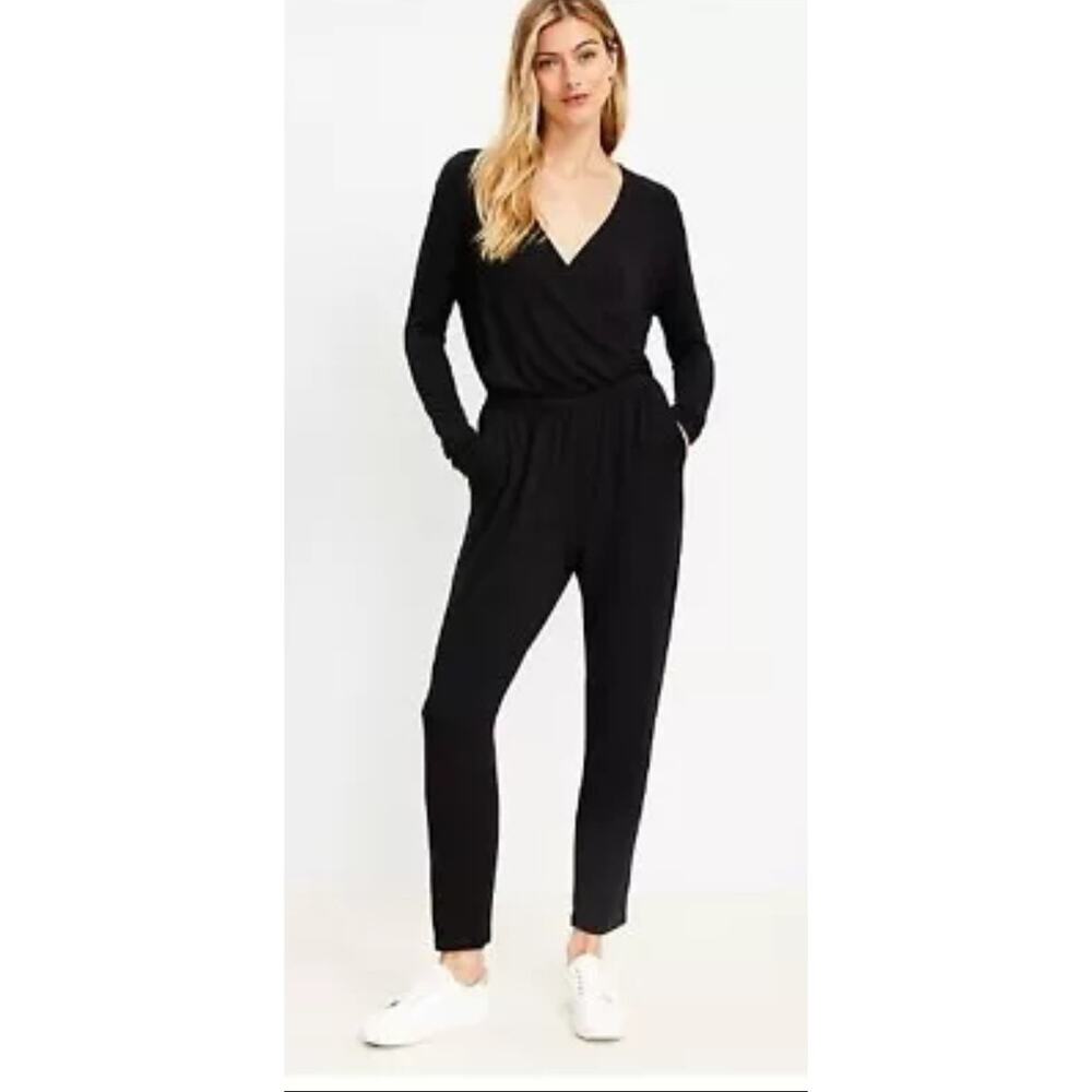 Lou & Grey LOFT Women Sz Large L/S Jumpsuit Black Signature Soft Minimalist Work